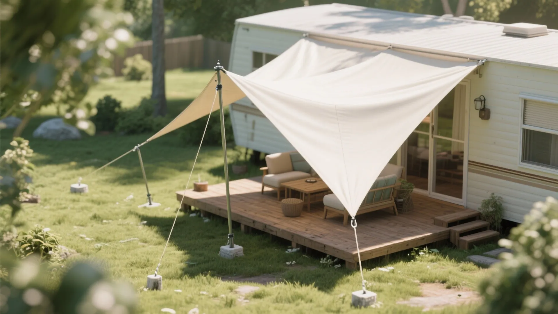 Modern sail shade with adjustable detachable posts shading a mobile home porch and small yard.