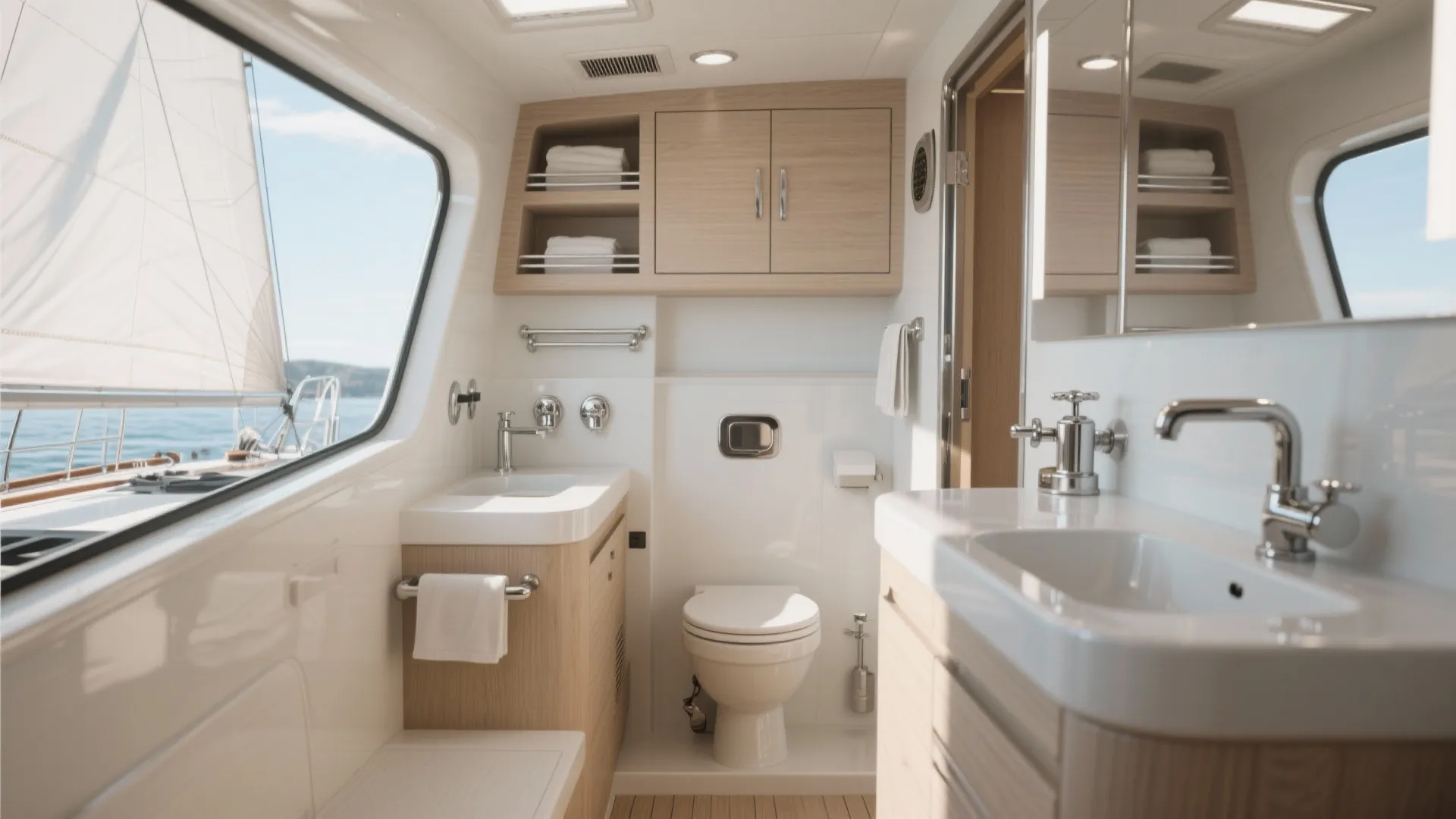 Compact boat bathroom featuring white toilet wooden cabinets small sink and view of the sea