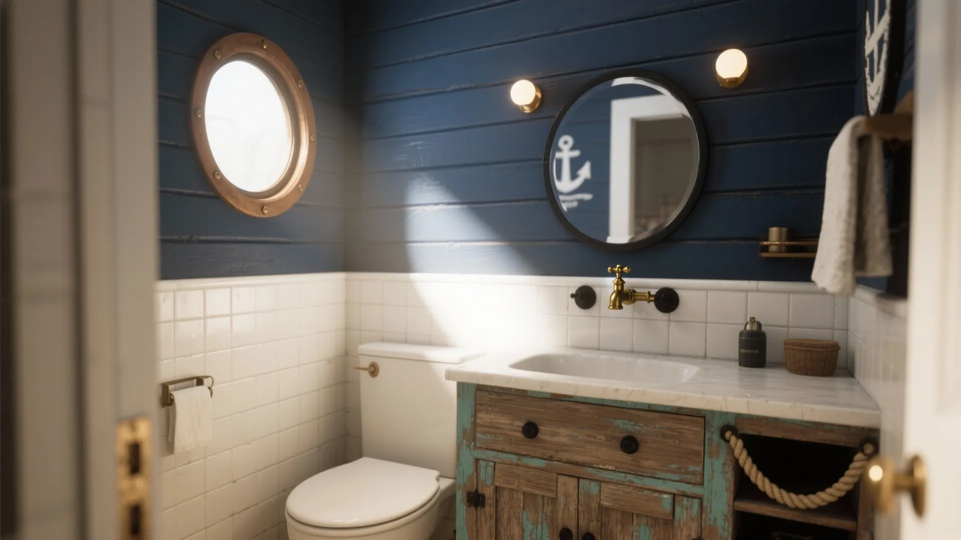 Sailor Bathroom Decor — 5 Nautical Ideas: Small bathroom? I’ll show you five sailor-themed ideas that add character without sinking your budget.