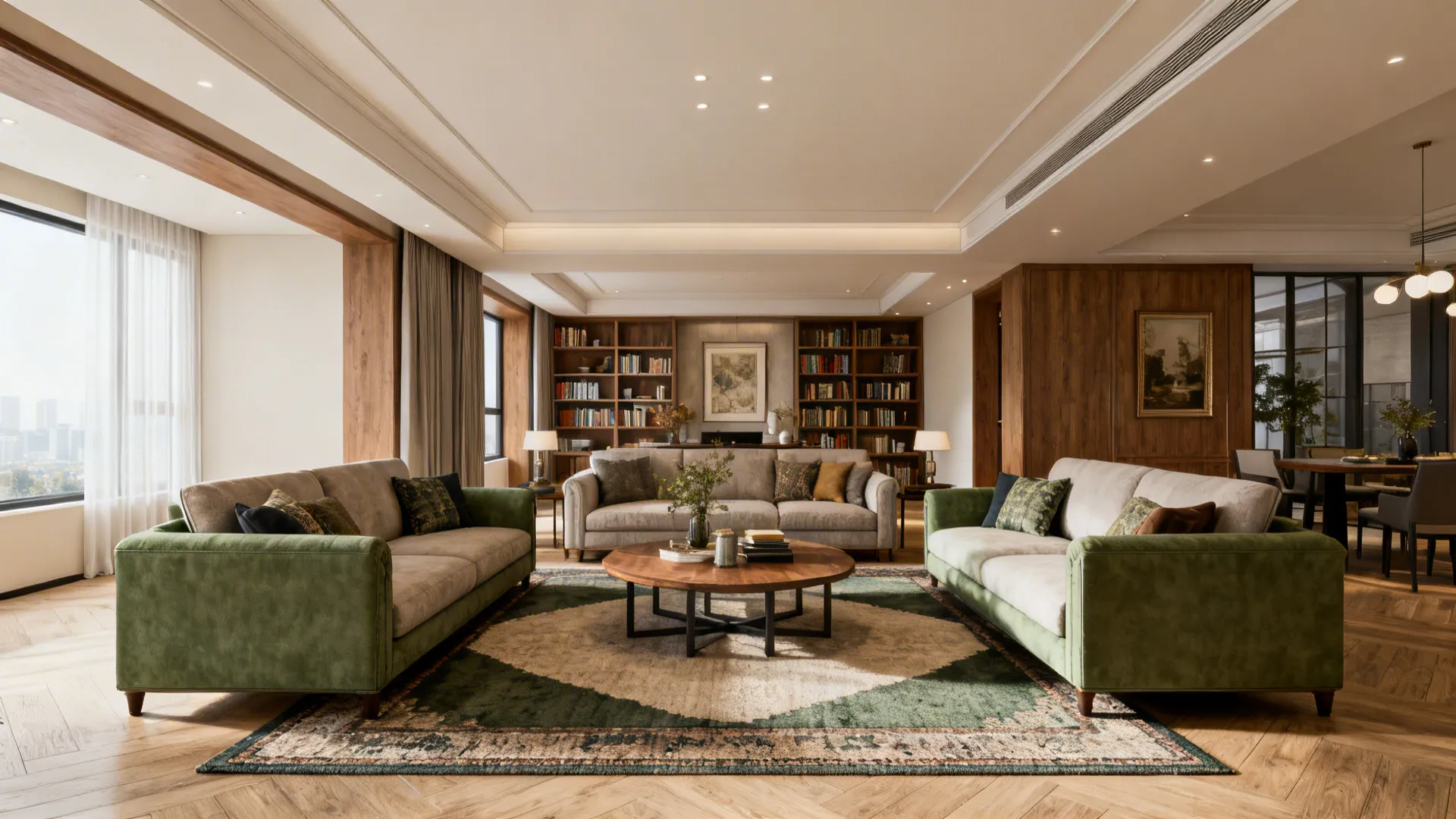Classic living area with opposing sofas and a central coffee table set up for conversation.