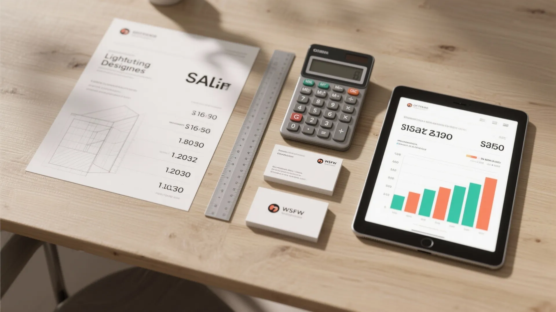 Desk with paper design drawing ruler calculator business cards and tablet showing a bar chart