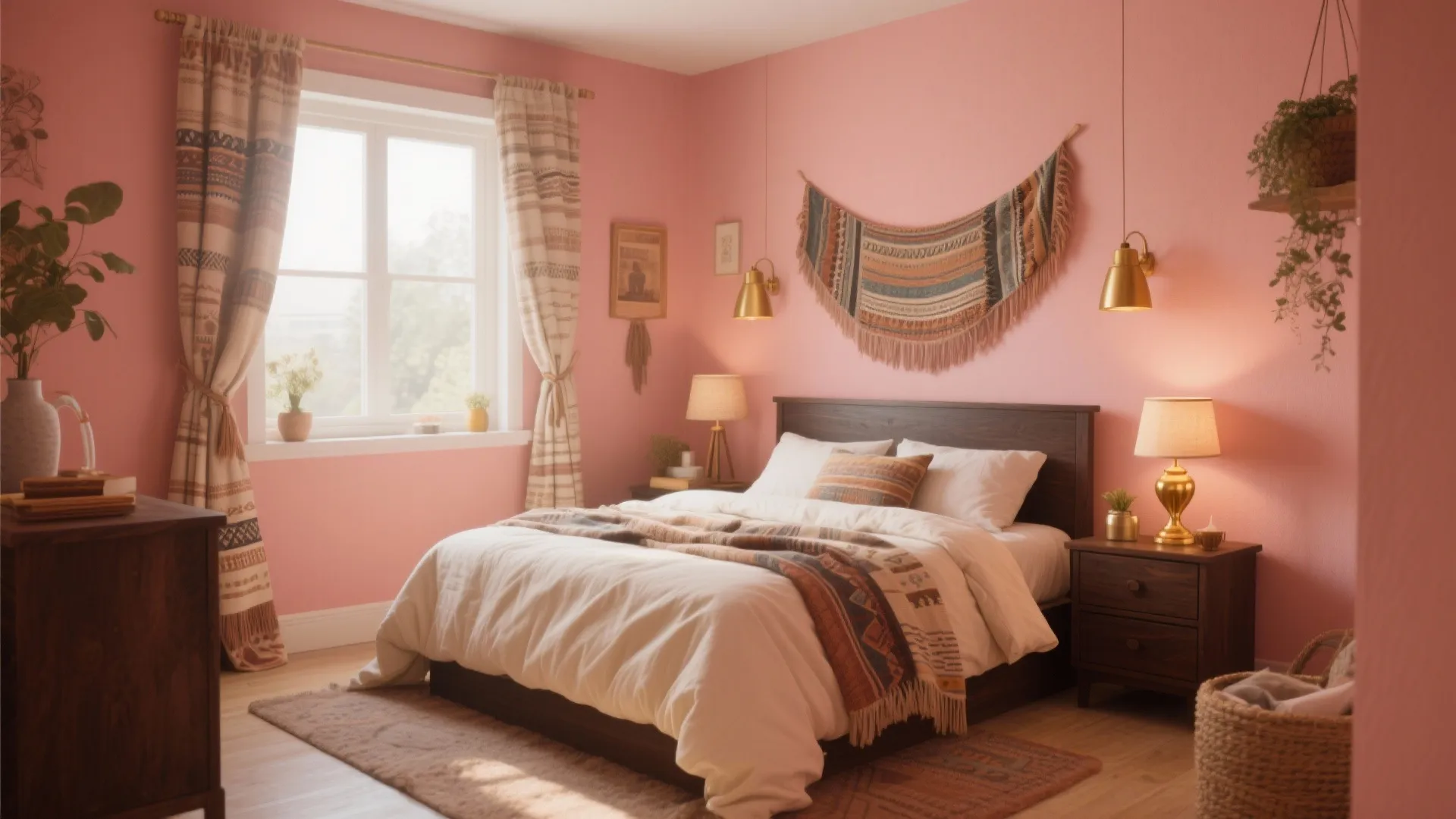 Bohemian bedroom with pink walls dark wood bed patterned textiles gold wall lights and natural light