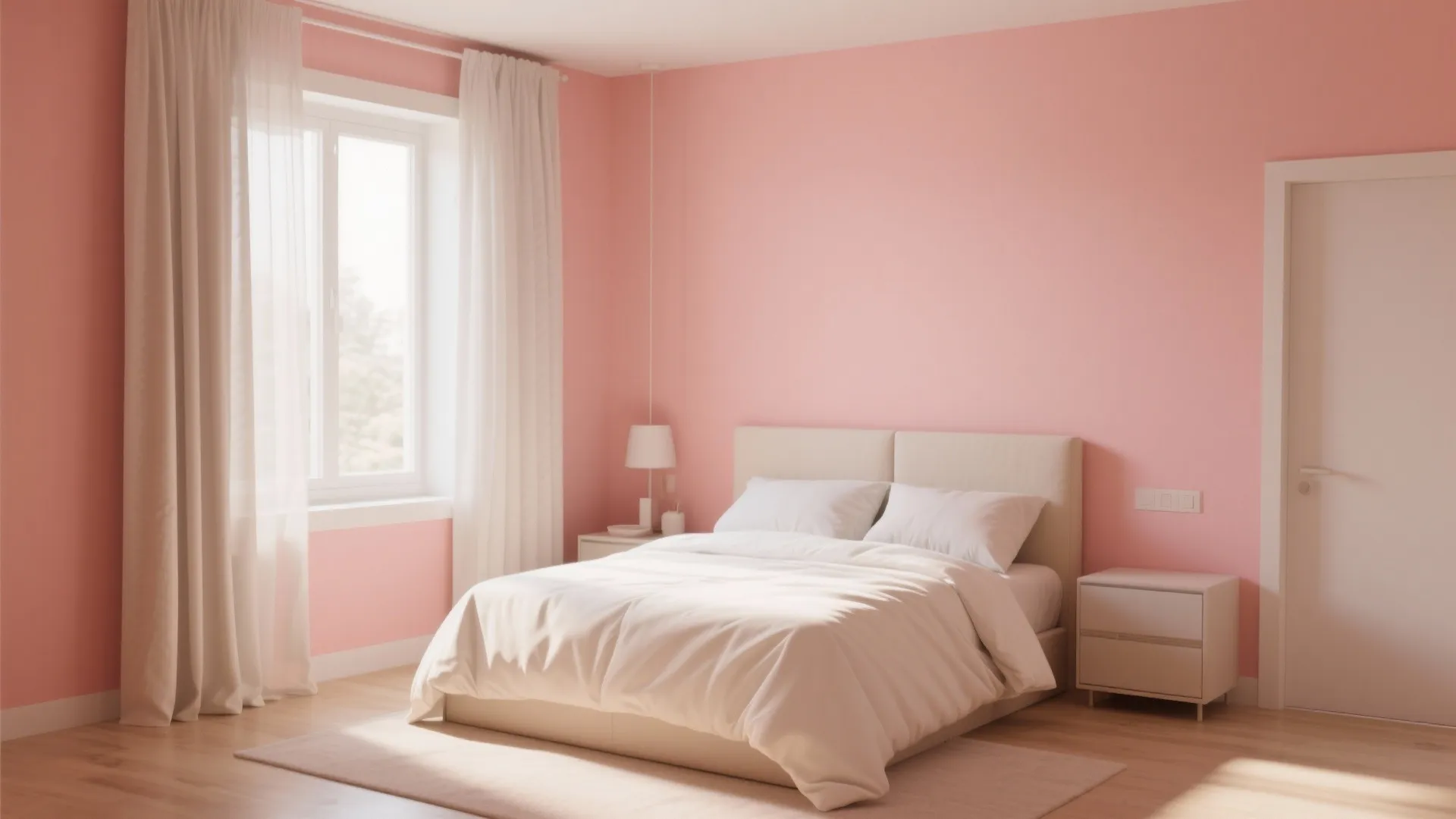 Bright bedroom featuring salmon pink walls white furniture cream carpet white curtains and natural sunlight