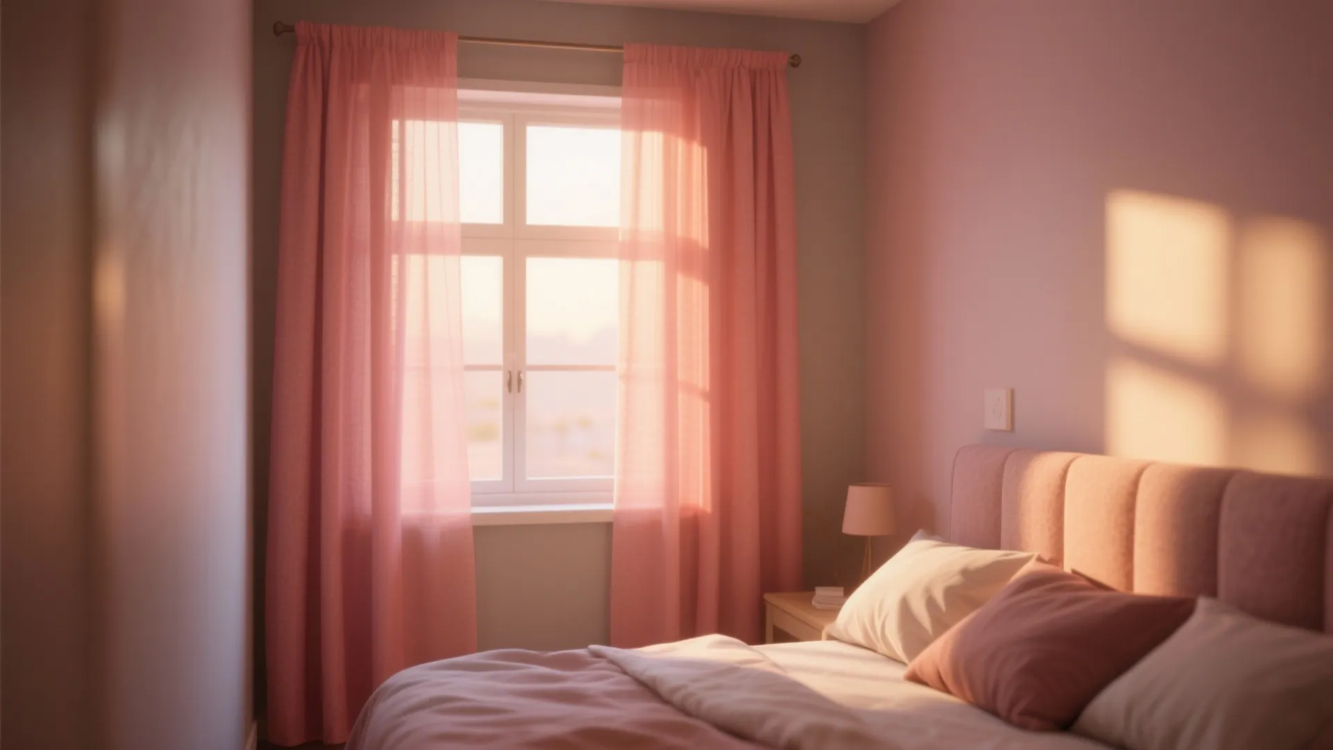 Pink sheer curtain hanging on a window in a bright bedroom with warm sunlight hitting bed