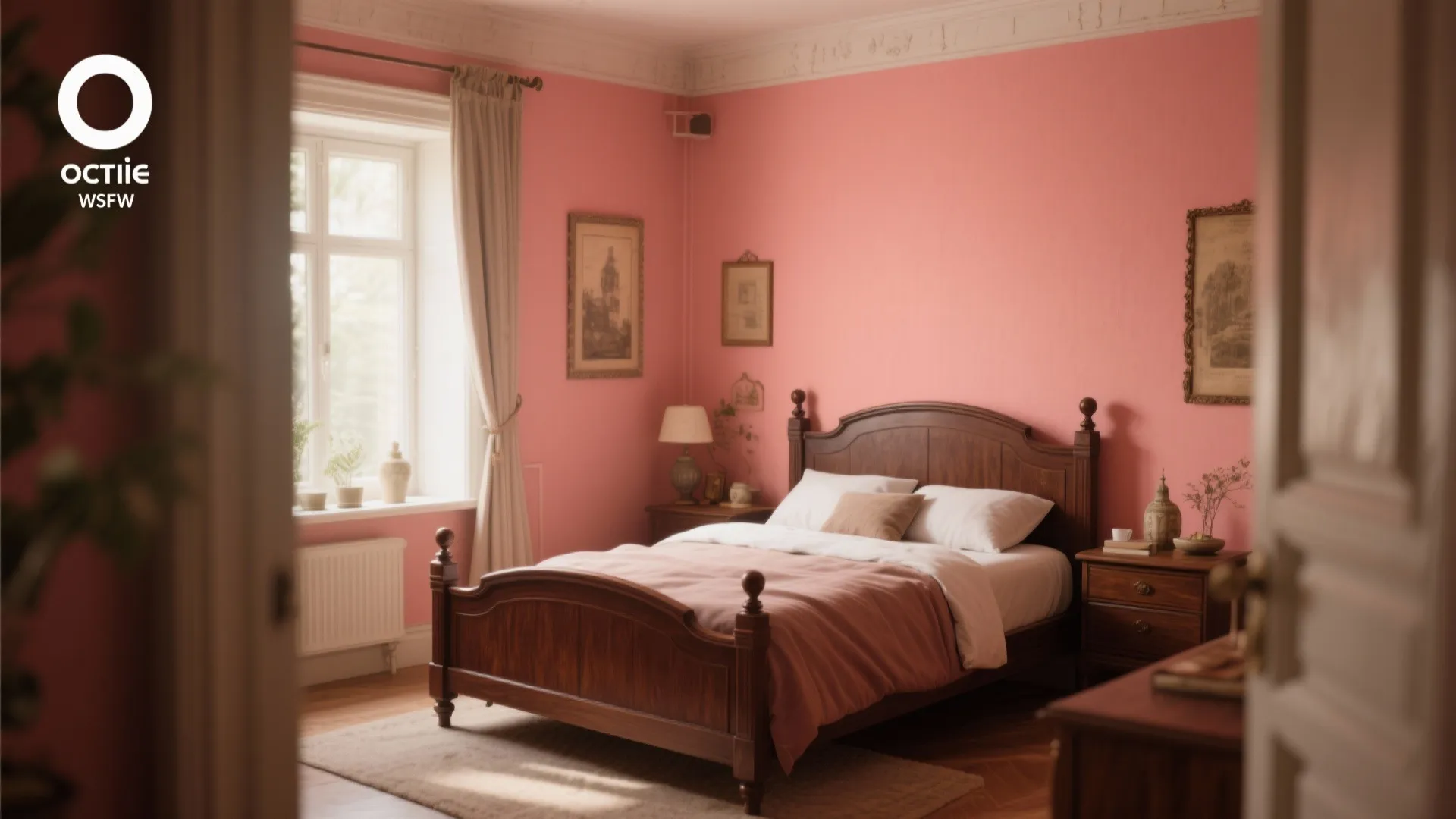 Salmon pink bedroom with a dark wood bed white sheets and a large window view