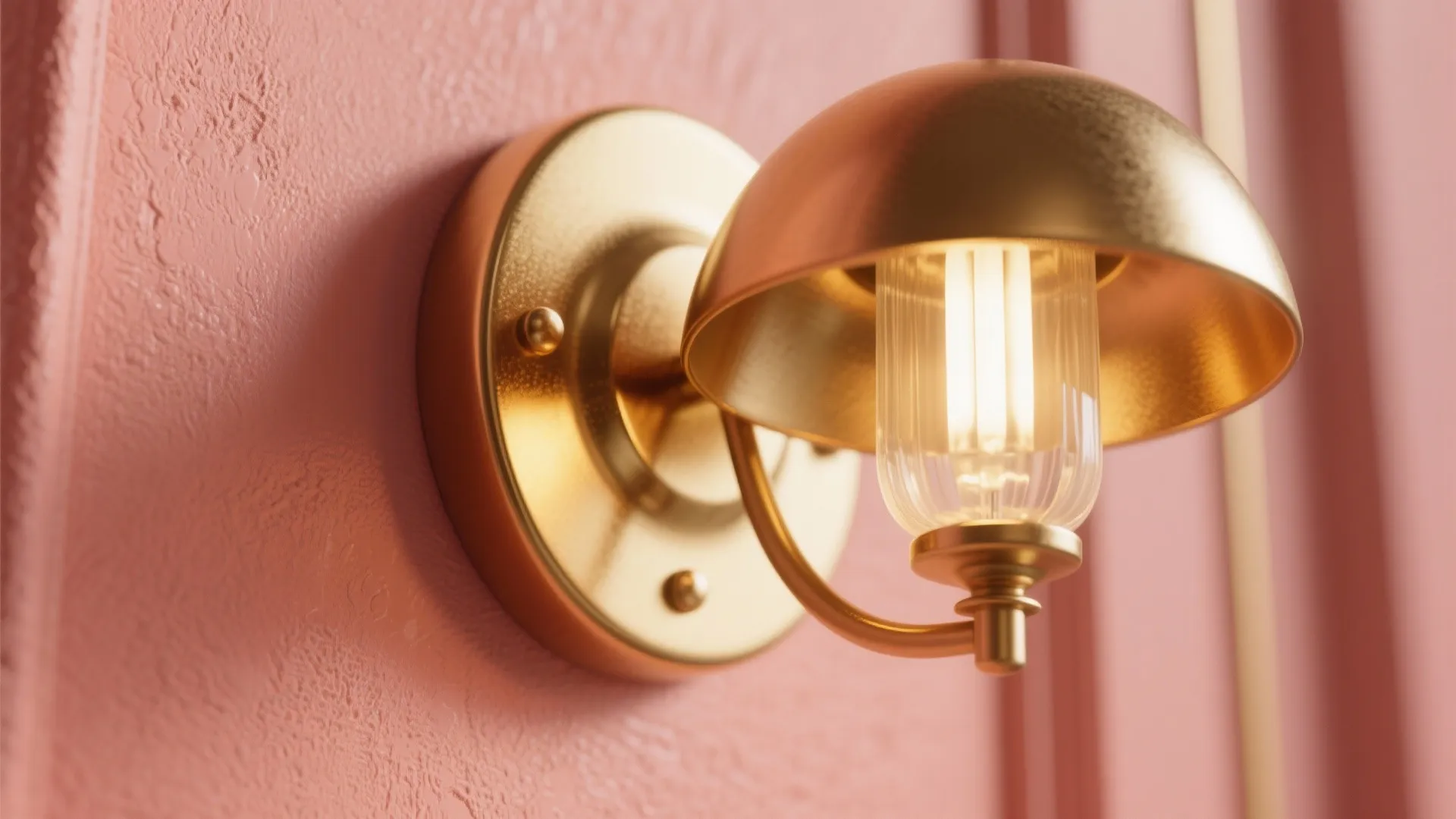 Close up of a gold wall light fixed on a pink textured wall panel design