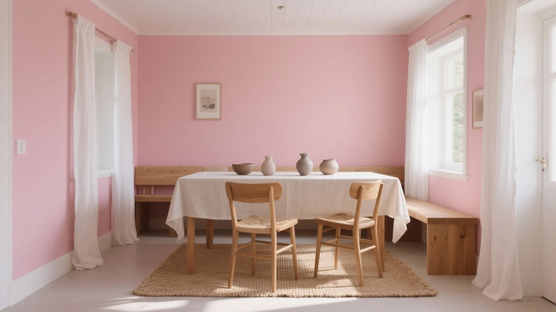 Pink dining room featuring wooden table with white cloth, two wooden chairs, and a rug