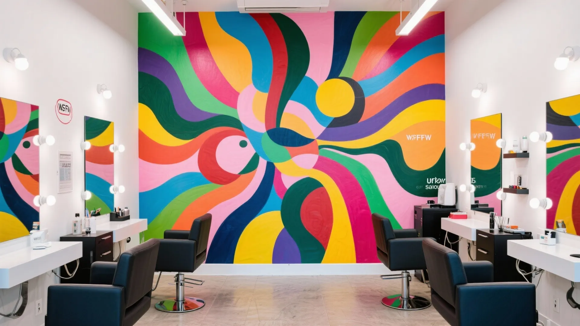 Hair salon interior with colorful abstract wall painting black styling chairs and white makeup desks