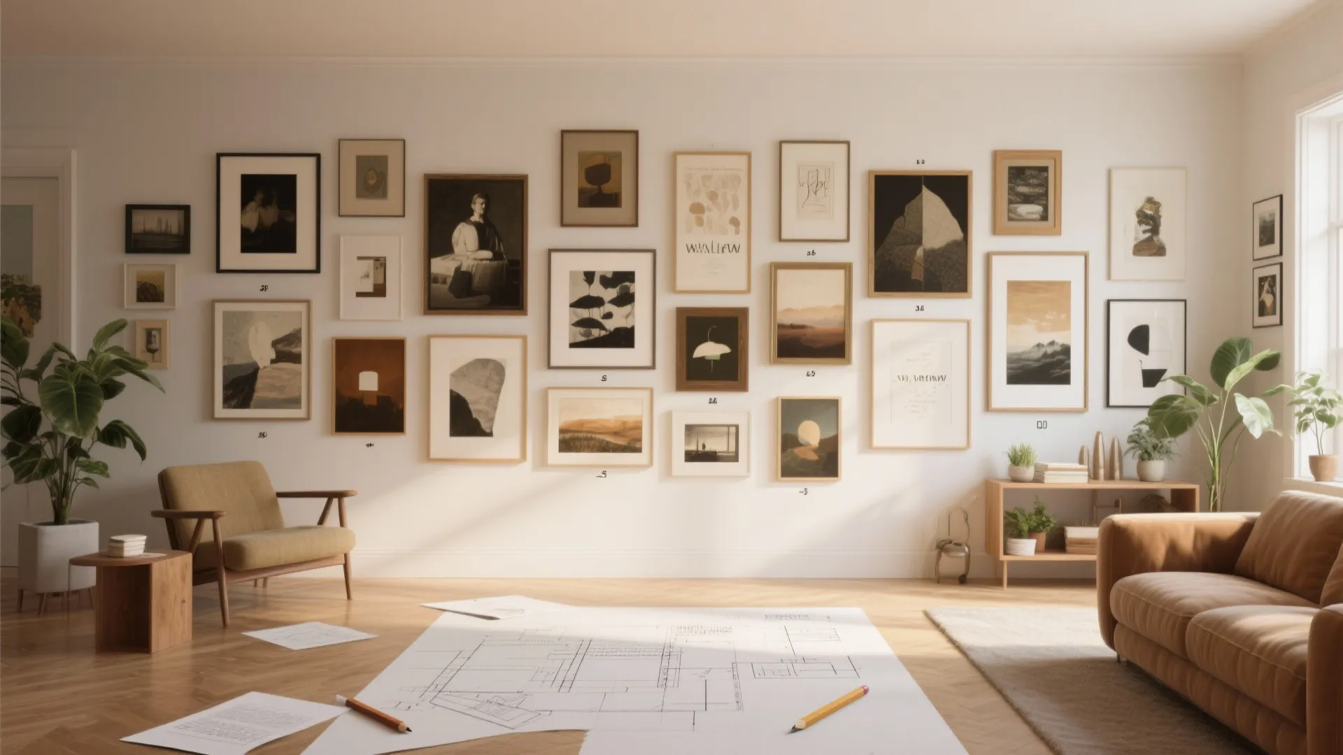 Gallery wall with many framed pictures above a sofa and floor plan on the ground
