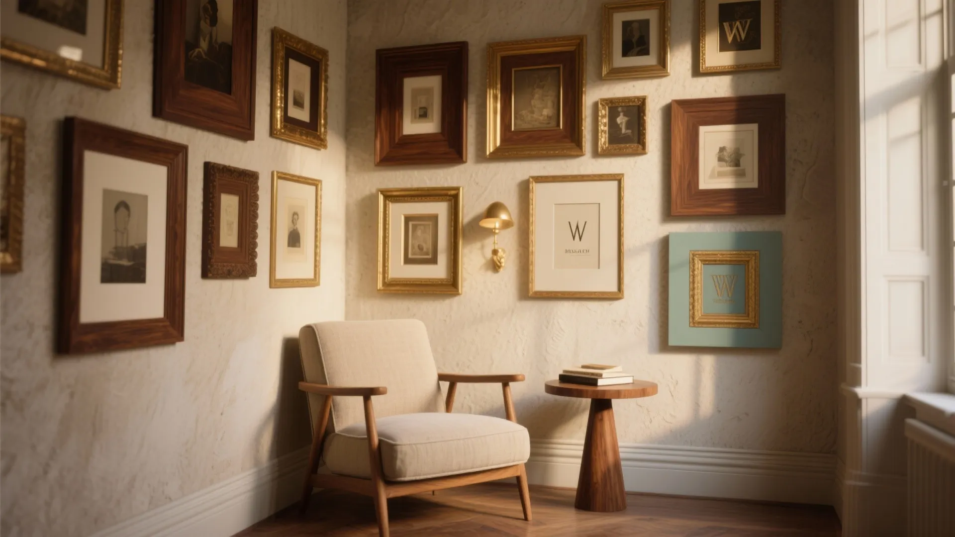 Eclectic salon wall with layered frames