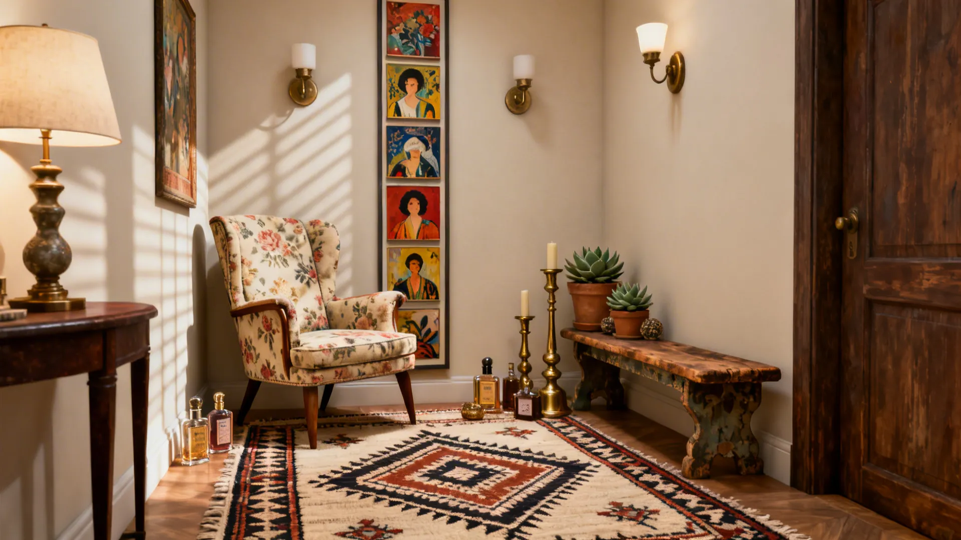 Curated salon corner with vertical art, mixed seating and a statement rug