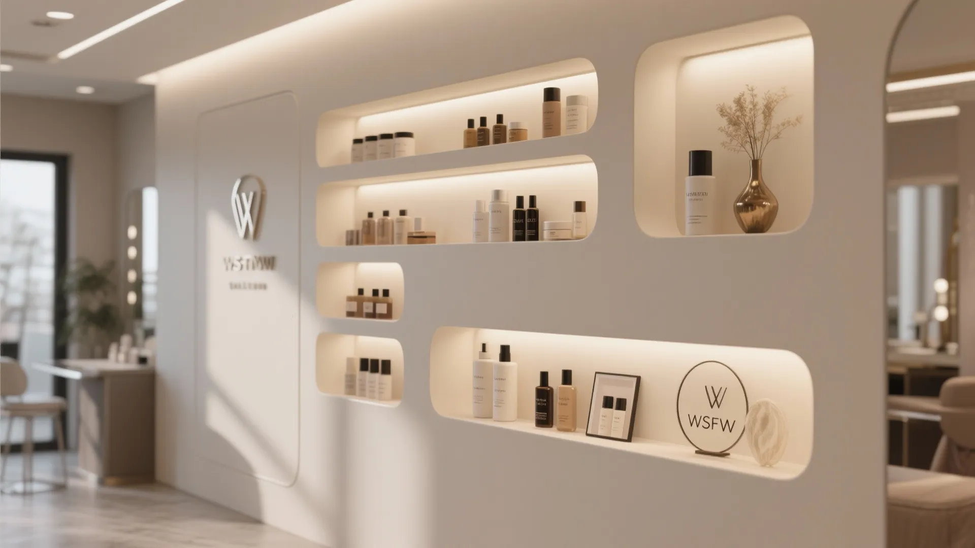 Minimalist white salon wall with recessed lit shelves holding beauty products in a modern shop