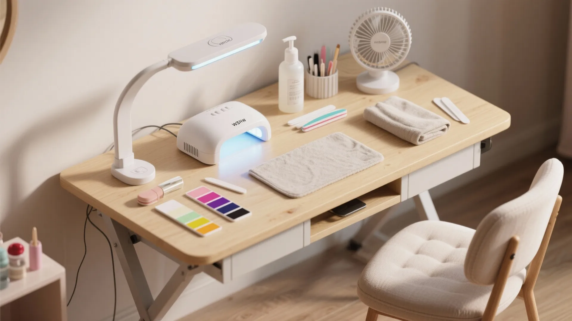 Wooden nail desk with white lamp nail dryer small fan colorful polish and soft chair