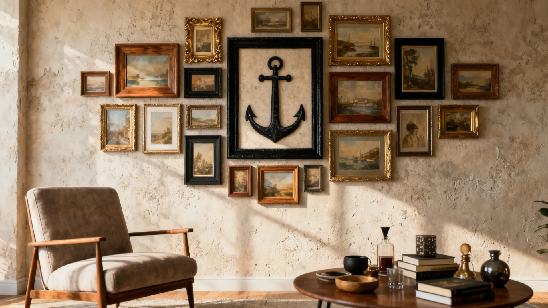 Eclectic salon-style gallery wall with mixed frame sizes and a larger anchor piece.