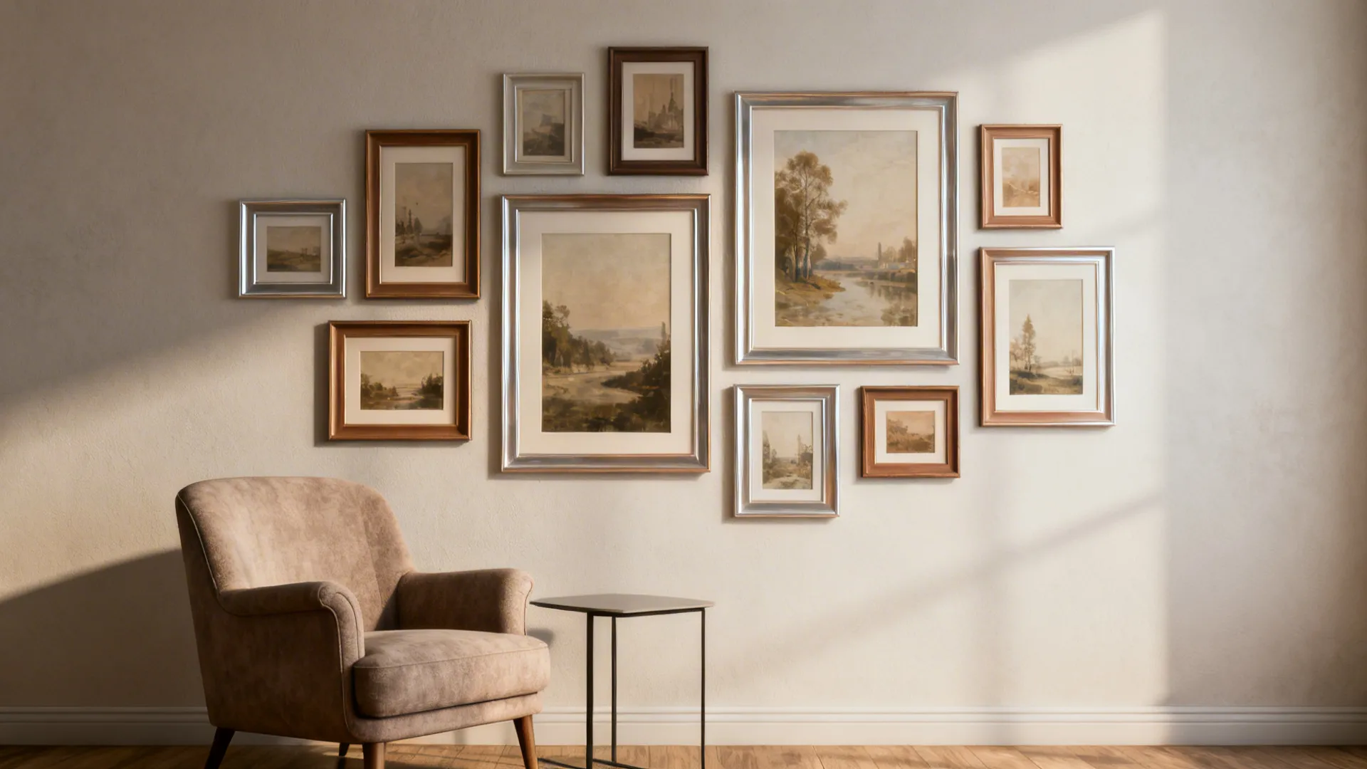 Salon-style cluster of frames on an accent wall with a consistent outer margin in a small living room.