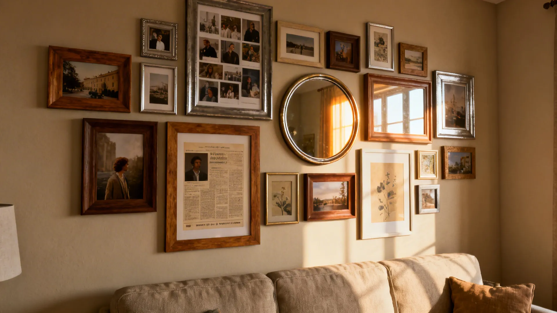 Warm living room gallery wall with various framed pictures and round mirror above beige sofa