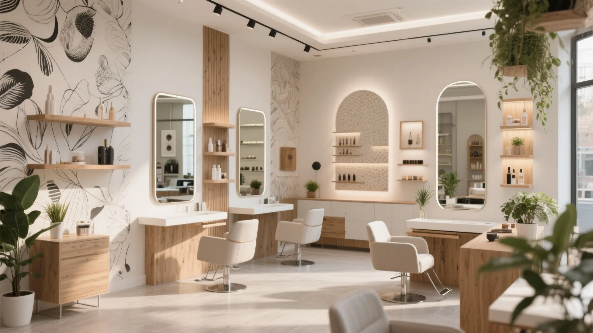 Modern hair salon interior with wooden shelves mirrors white chairs floral wall art and natural light