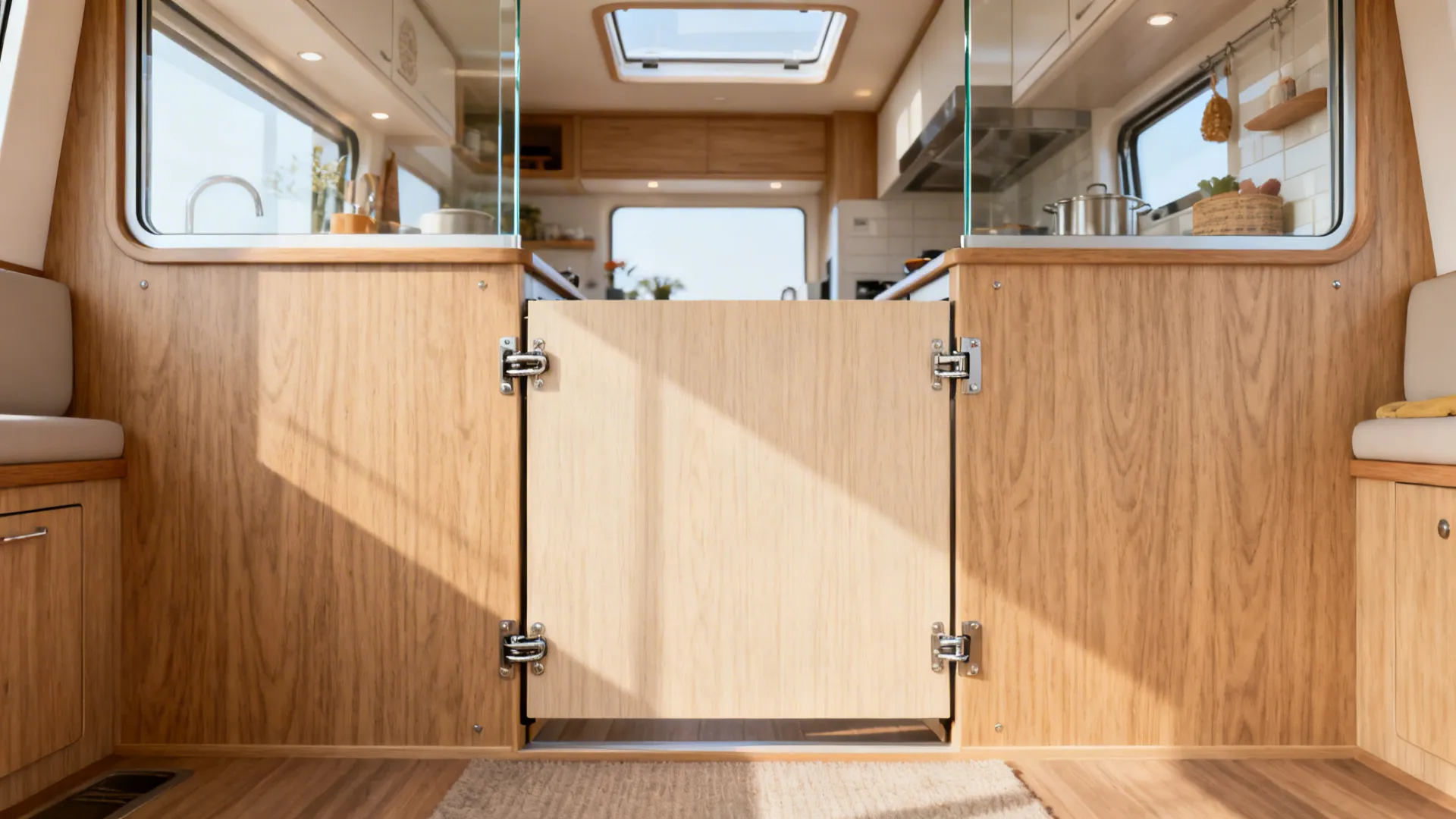 Half-height saloon swing gate with a clear glass transom above a compact kitchen entrance.