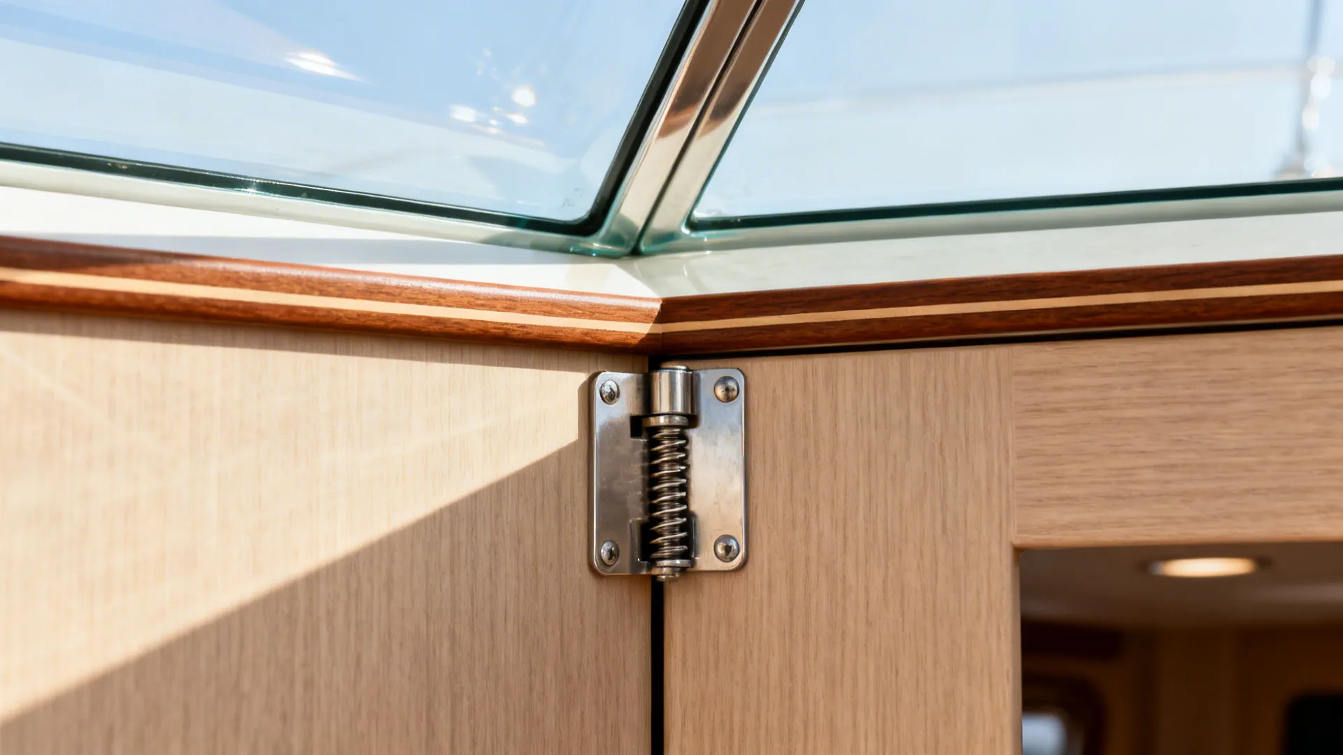 Close-up of a spring hinge on a saloon gate and the junction with a glass transom.