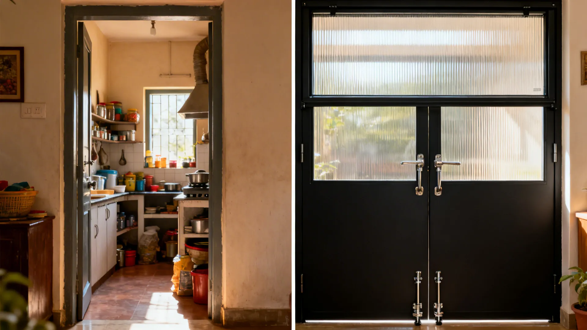 Before-and-after showing a small kitchen entry upgraded to saloon doors below and a frosted-glass top shutter for privacy.