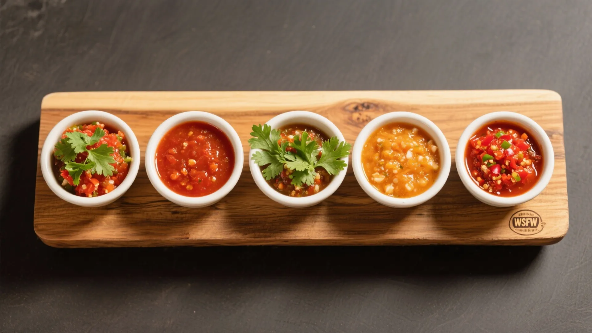 Five small white bowls of colorful salsa dipping sauces arranged on a wooden serving board
