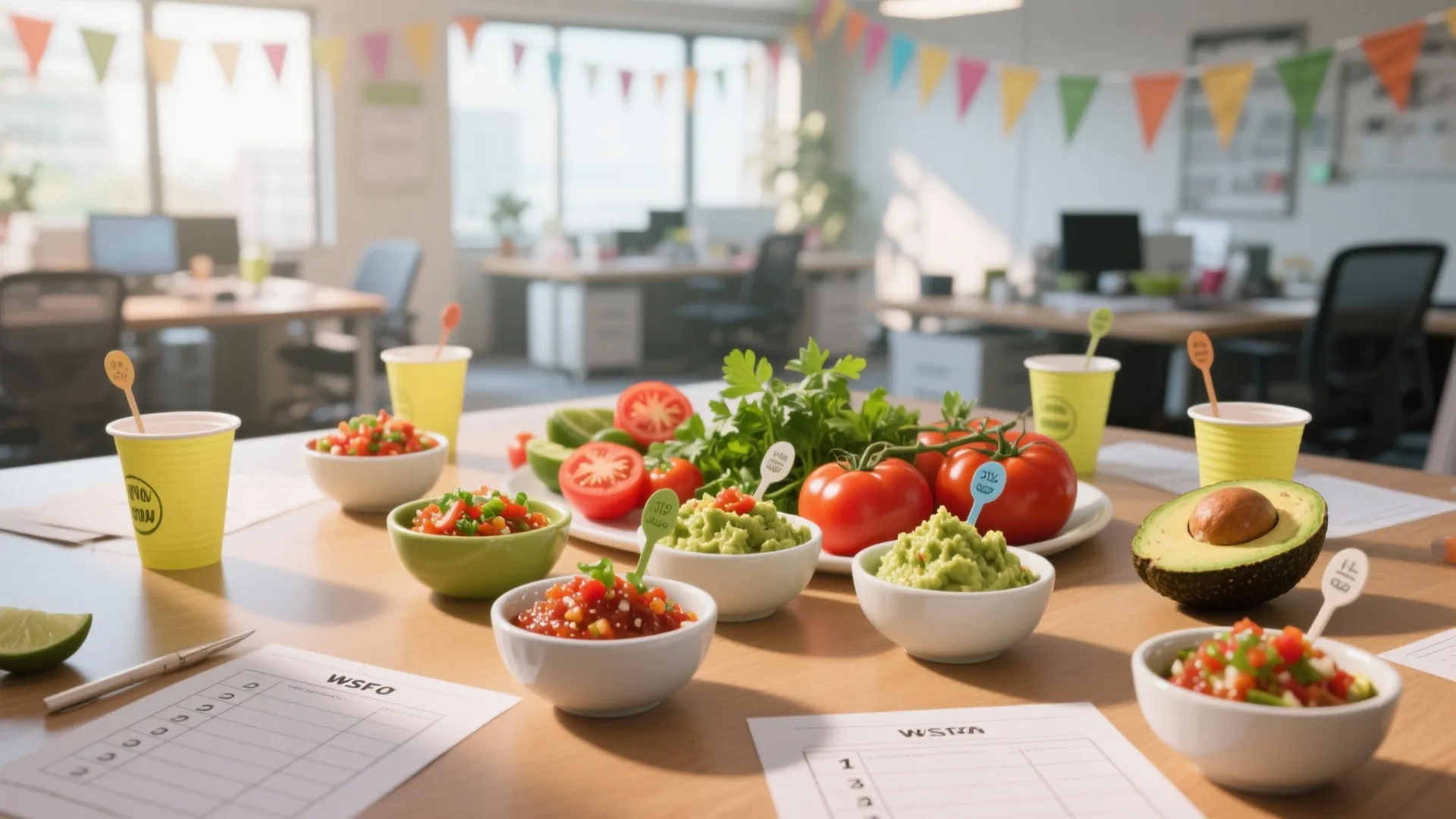 Office table with bowls of salsa and guacamole and fresh tomatoes for a food competition