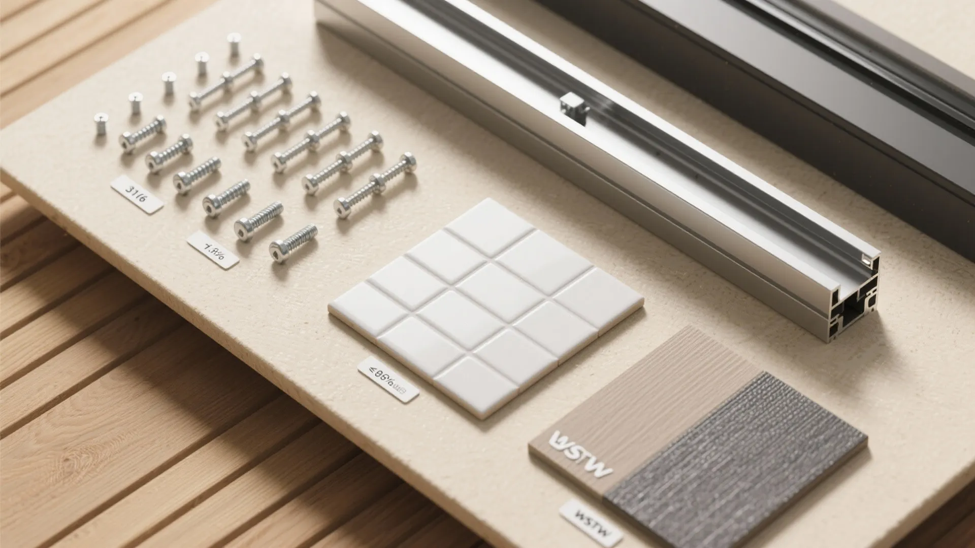 Coastal-grade materials flatlay: 316 stainless, coated aluminum, porcelain tile, exterior laminate for ECR home.