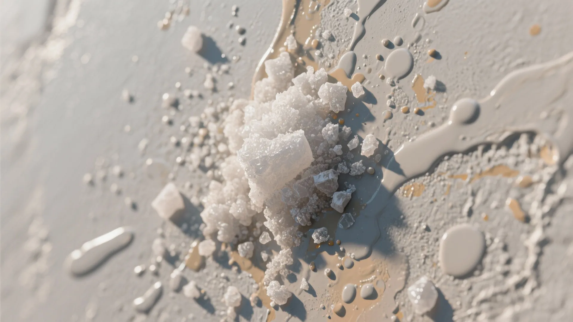 Close up of white salt crystals mixed with light paint splashes on a textured grey surface