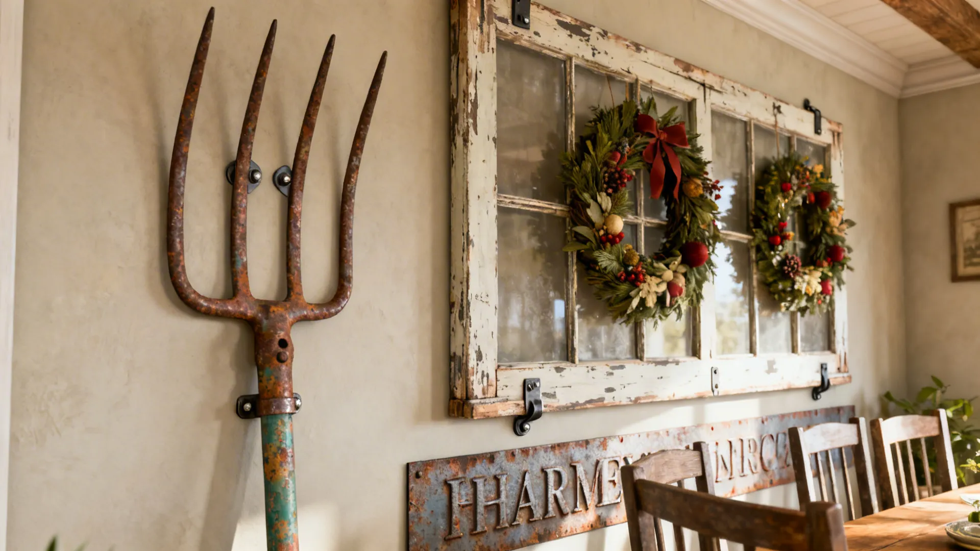 Repurposed garden tools and an aged window frame used as salvage art above a farmhouse table.