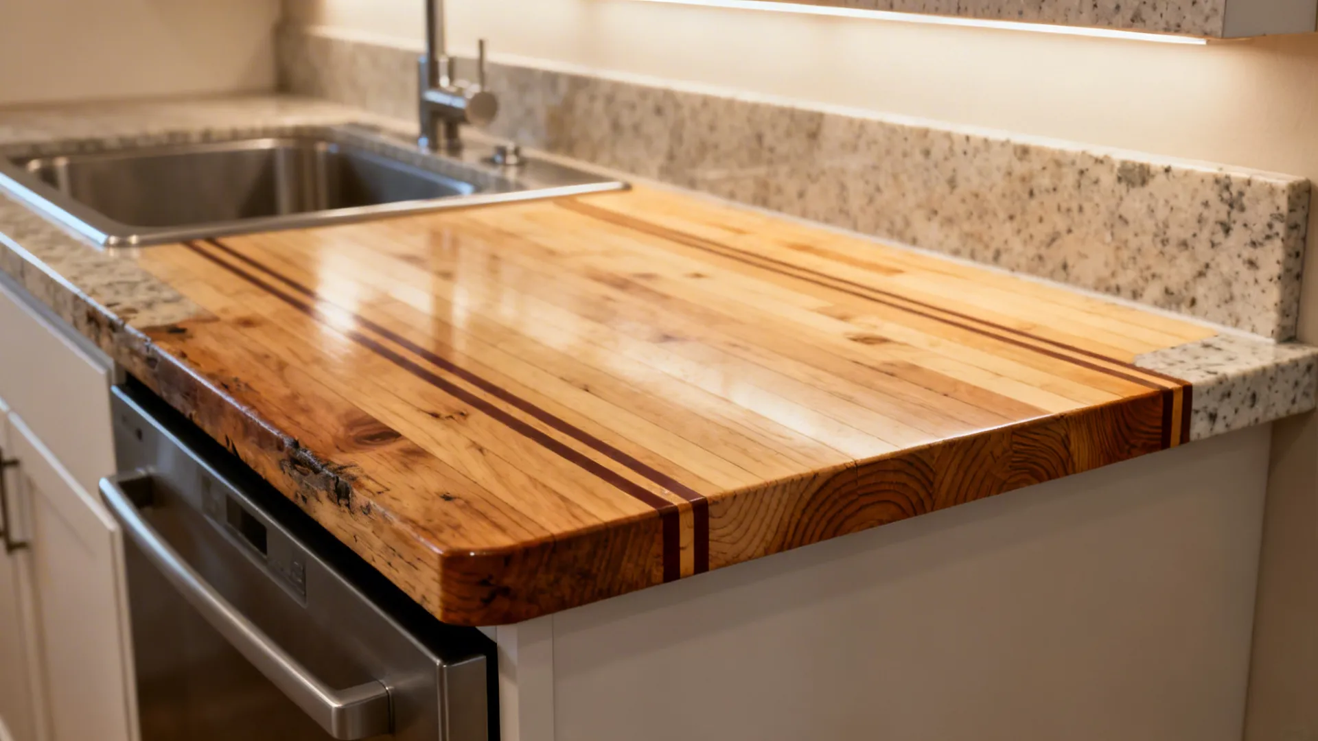 Compact kitchen counter in salvaged maple planks and a quartz remnant waterfall edge detail.