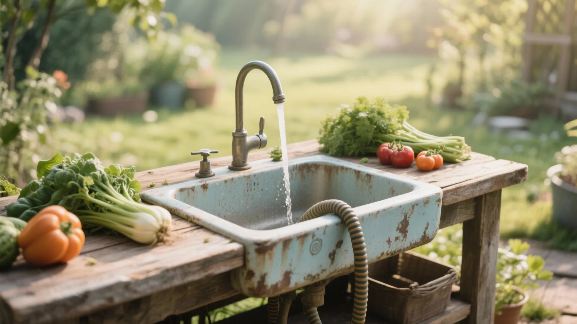 Vintage blue sink on wooden table with running water and fresh vegetables in outdoor garden