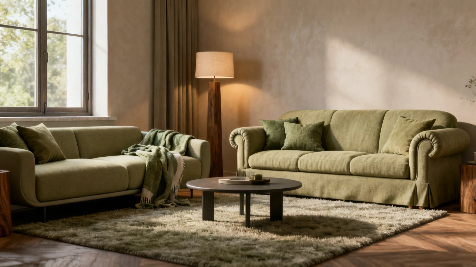 Two sofas in the same color family with contrasting silhouettes in a small living area.