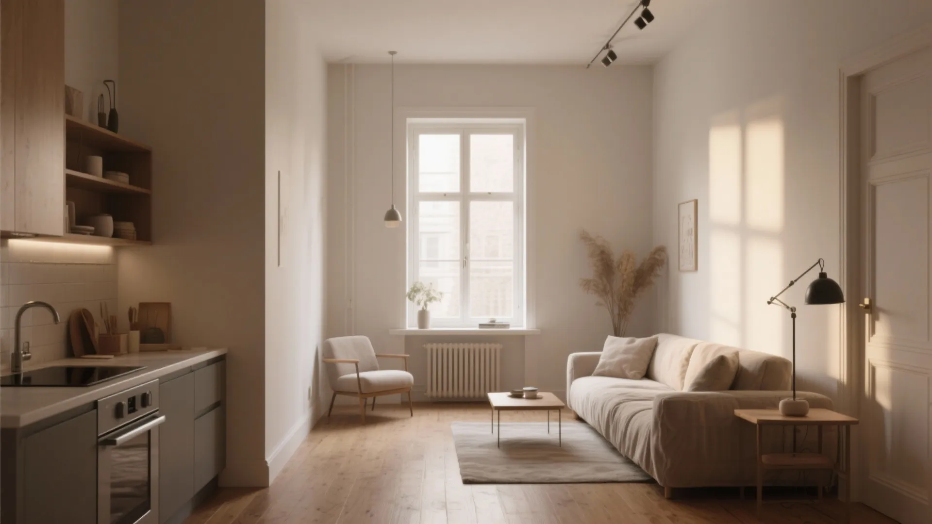 Modern open living room with beige sofa grey armchair wooden floor large window and kitchen