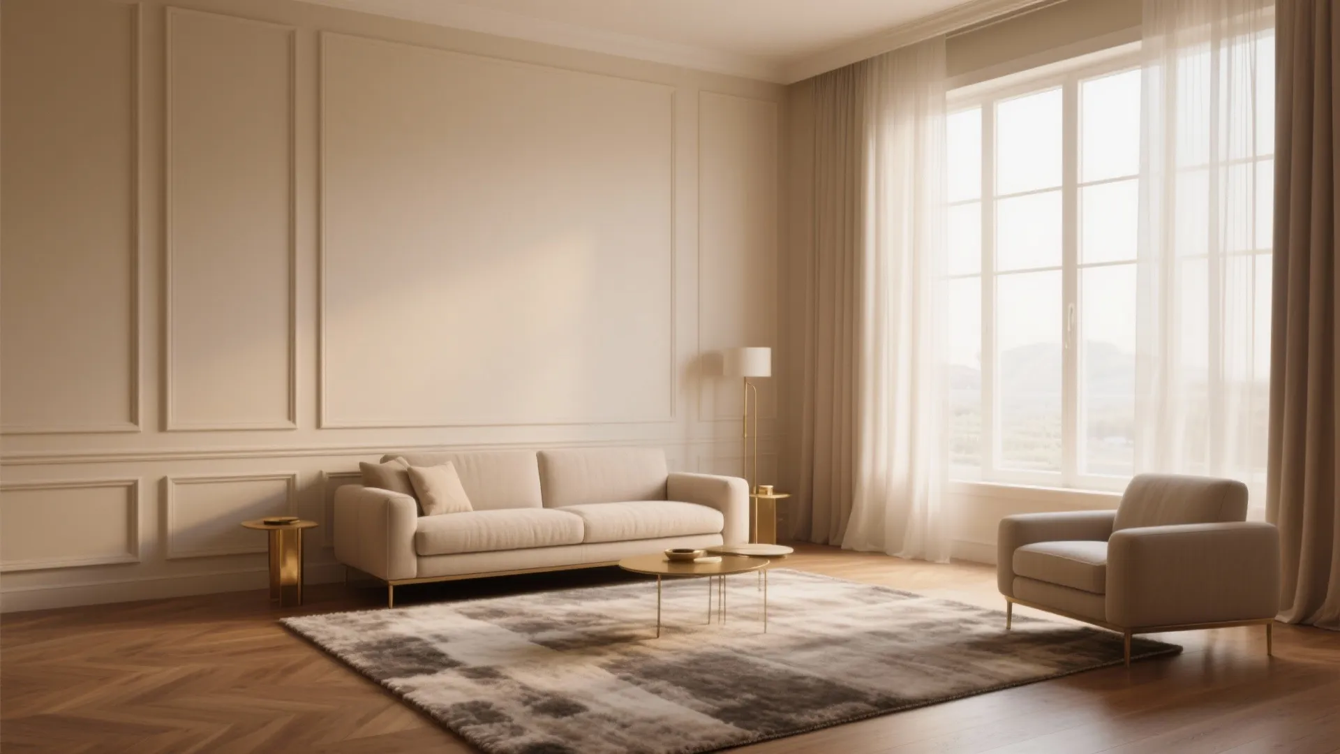 Elegant living room with beige sofa armchair rug wall panel gold side tables and window