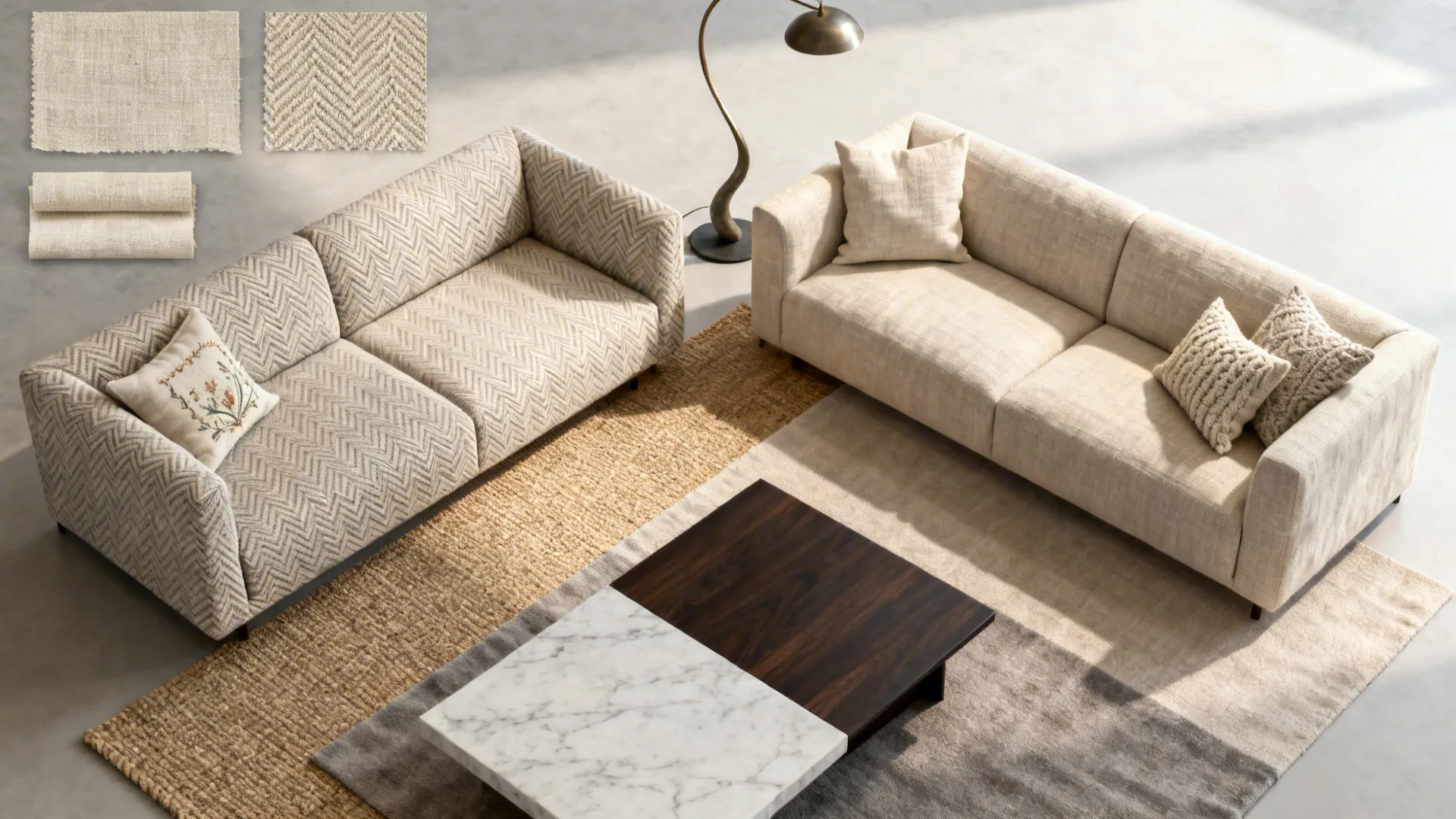 Linen sofas in the same fabric family—herringbone and plain weave—styled with swatches and accessories.