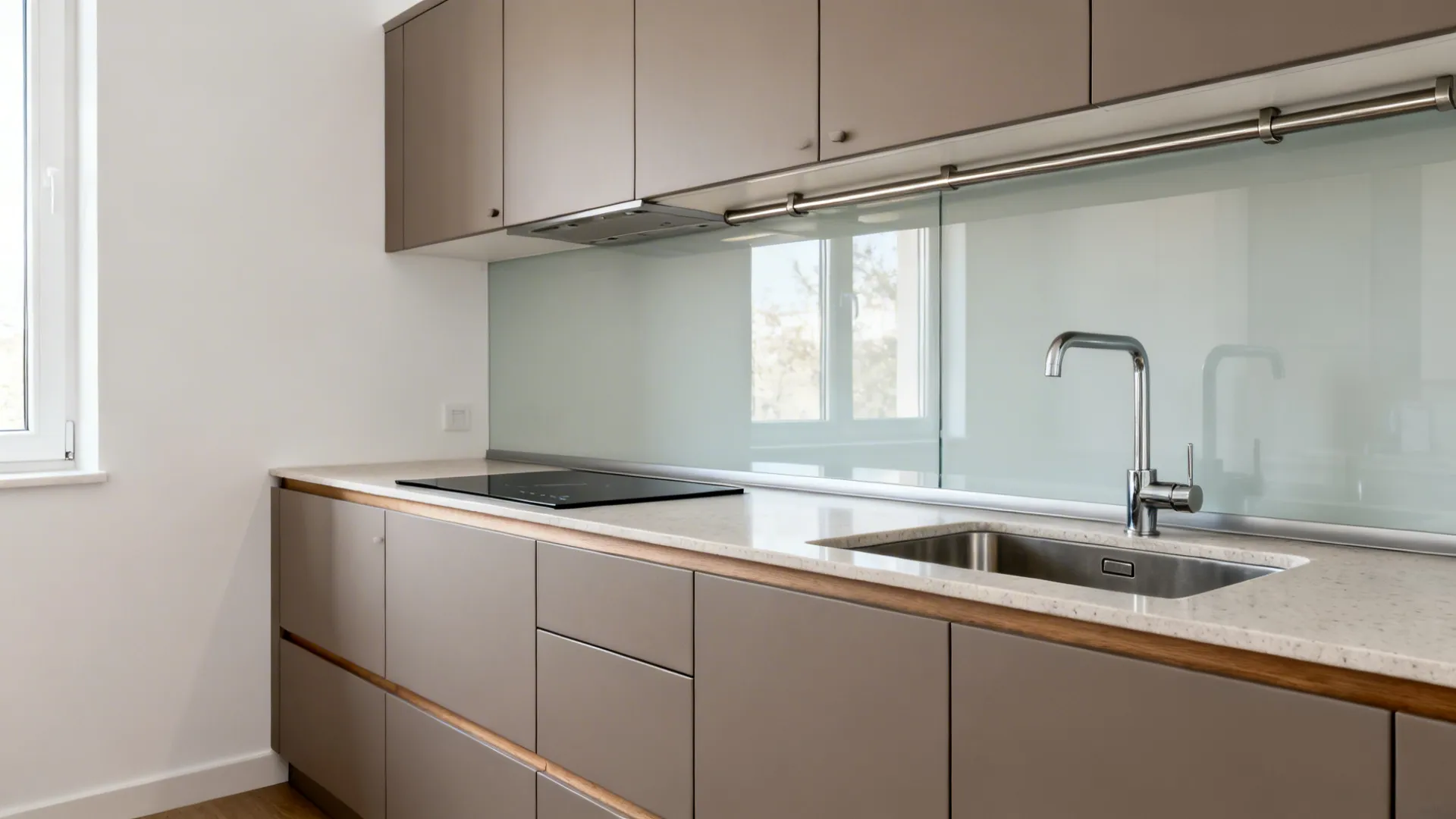 Modern kitchen with brown cabinets white countertop sink faucet and stove on the same wall