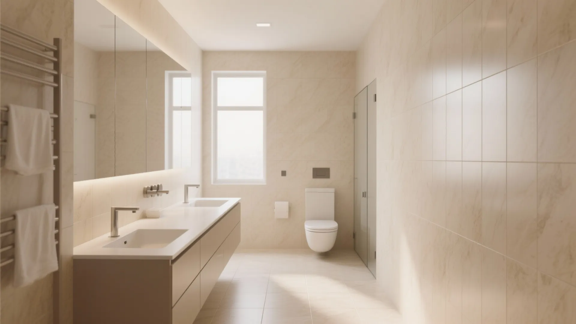 Minimalist beige bathroom with large wall tiles double sink vanity mirror and bright window light