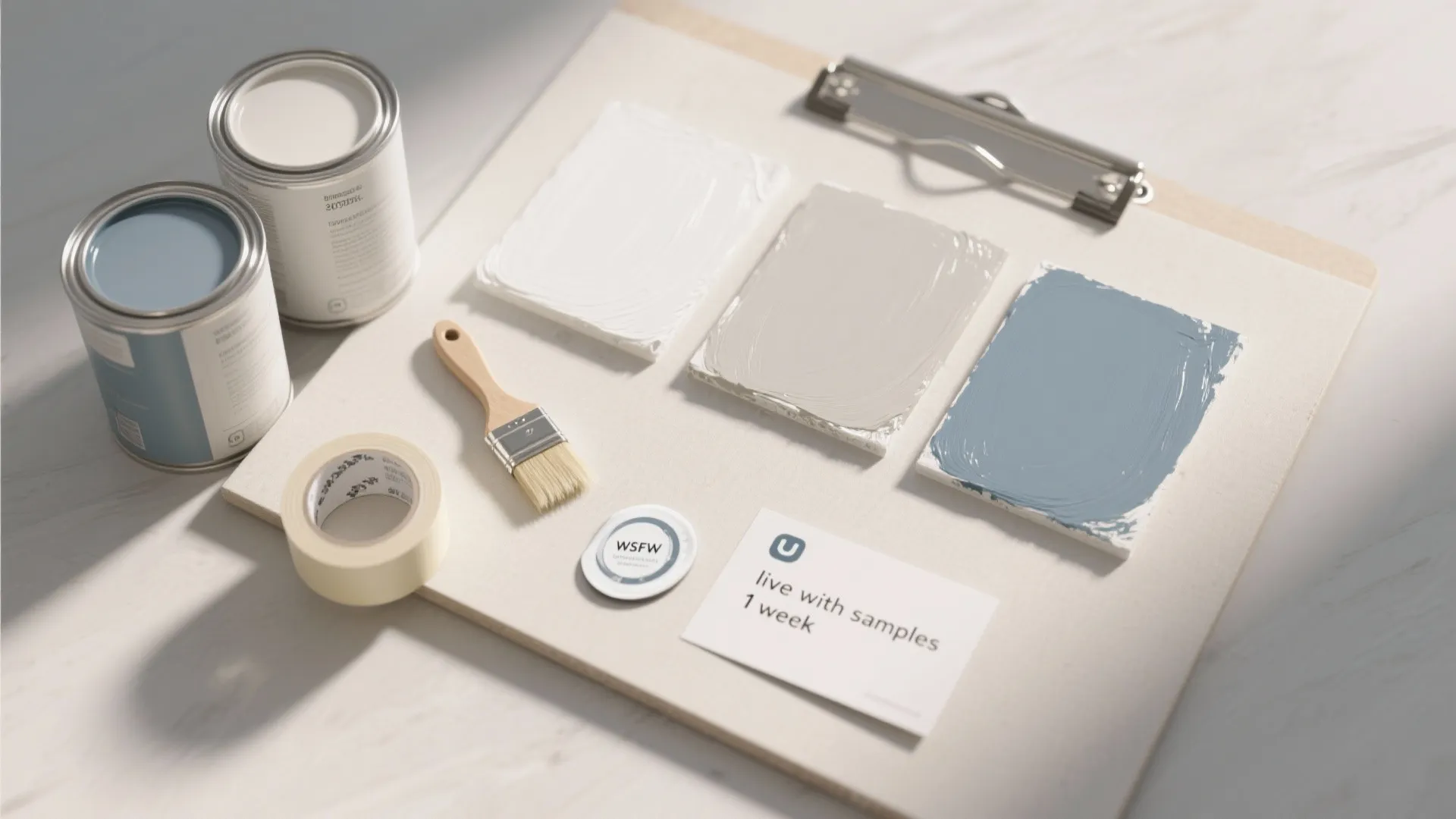 Top-down view of three 12x12 paint swatches, paintbrush, tape, and mildew-resistant note on a sample board.