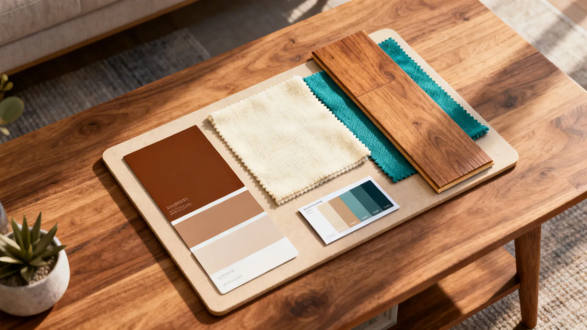 Top-down view of a sample board with brown paint swatches, fabric samples and wood flooring