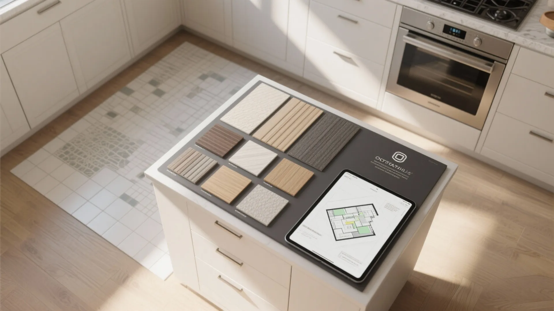 Kitchen island with material samples and a tablet showing an interior design drawing floor plan