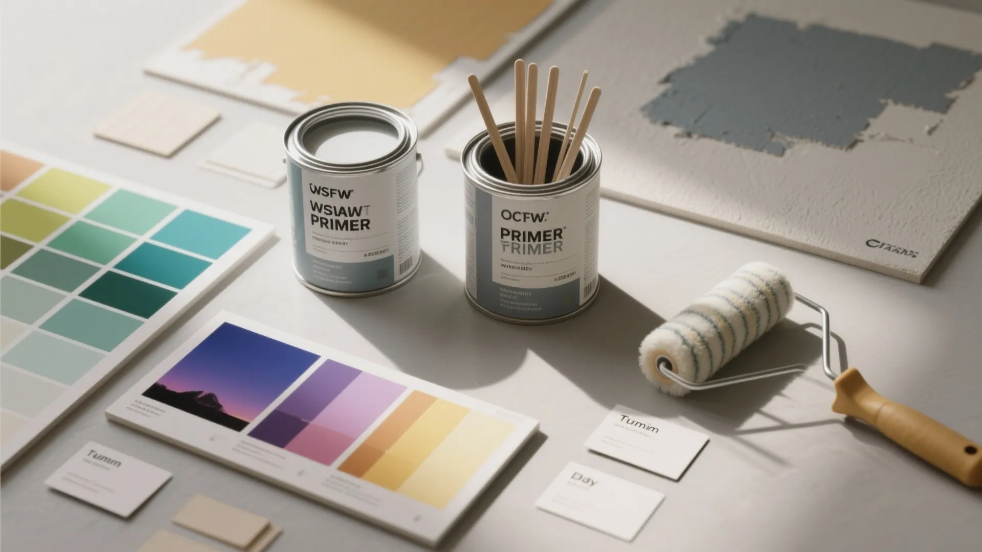 Two paint cans with color palettes paint roller and swatches for interior design project planning