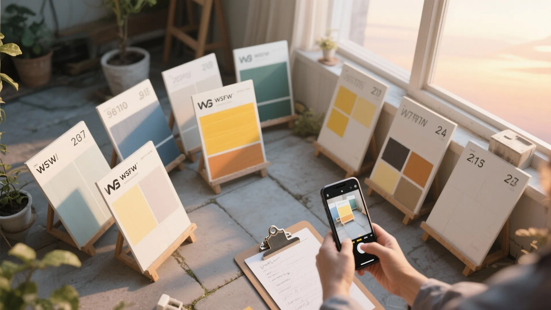 A person taking a photo of color sample boards on small easels with a smartphone