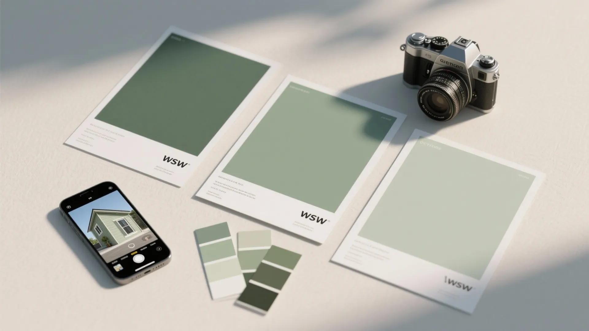 Flatlay of three full-size paint sample boards, swatches, a phone with digital mock-up, and finish chips for testing sage shades.