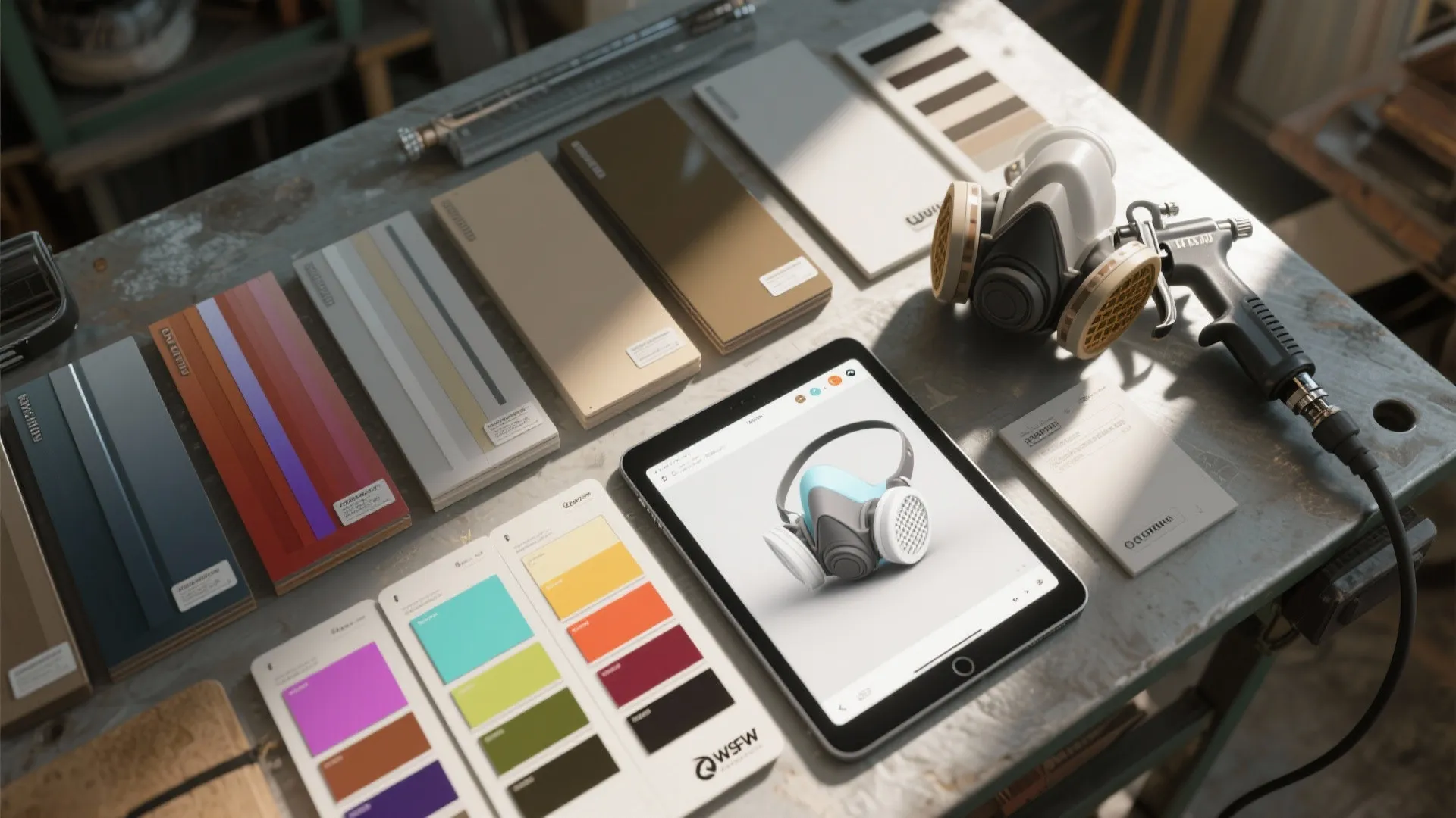 Table with color sample boards and spray gun next to tablet showing product design drawings