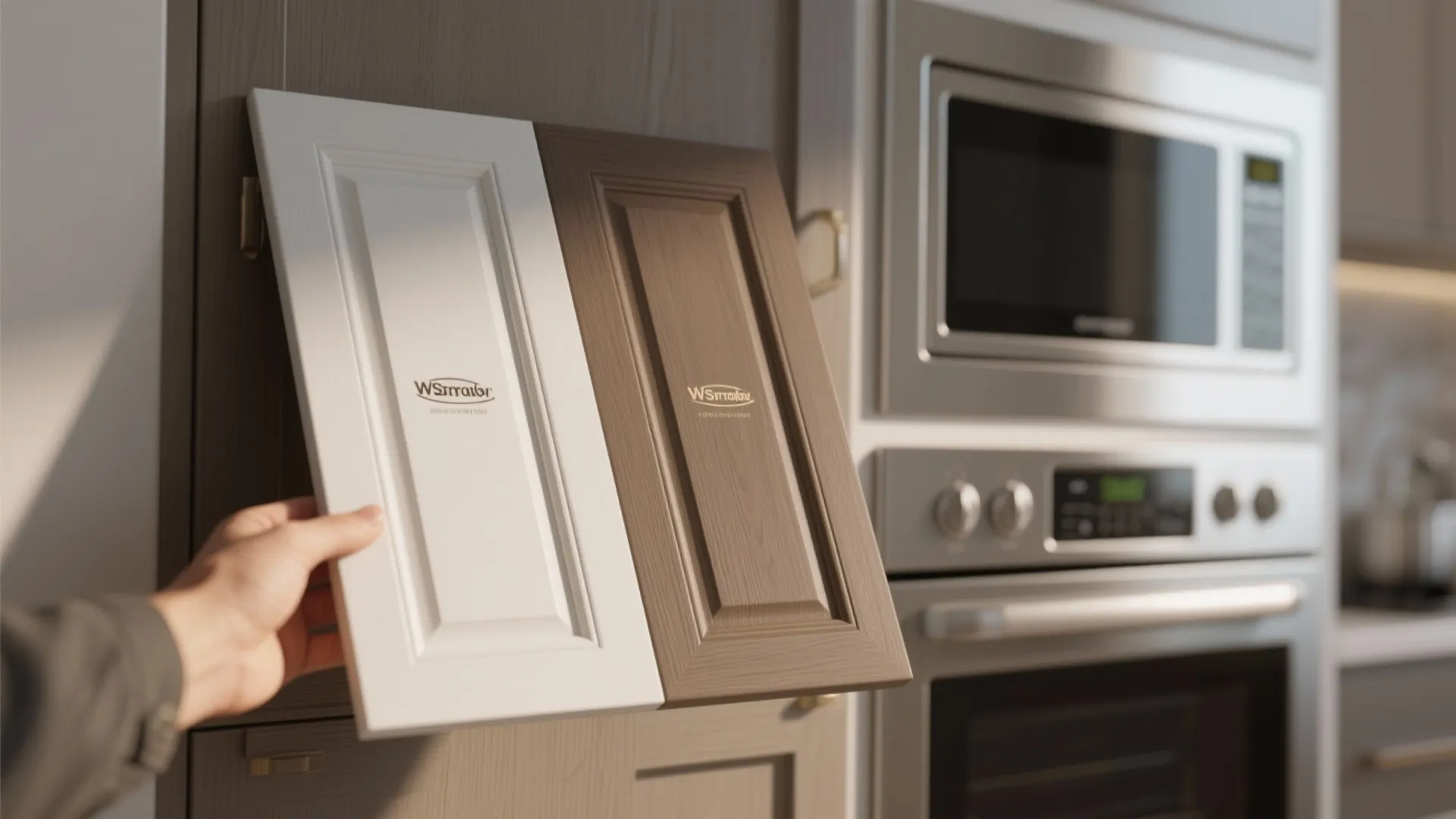 A hand holding white and brown cabinet door samples against a modern kitchen oven background