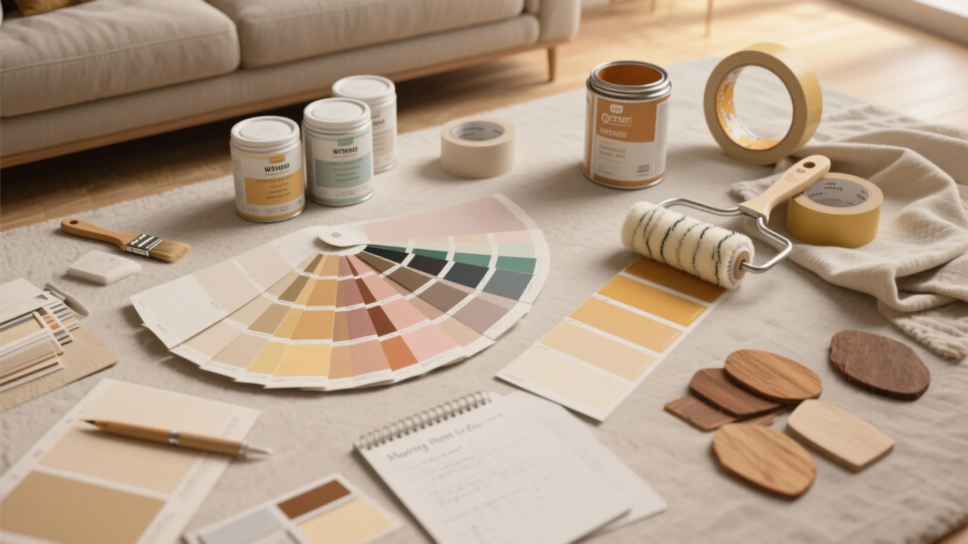Interior design materials including paint cans color palettes paint roller wooden samples and notebook on rug