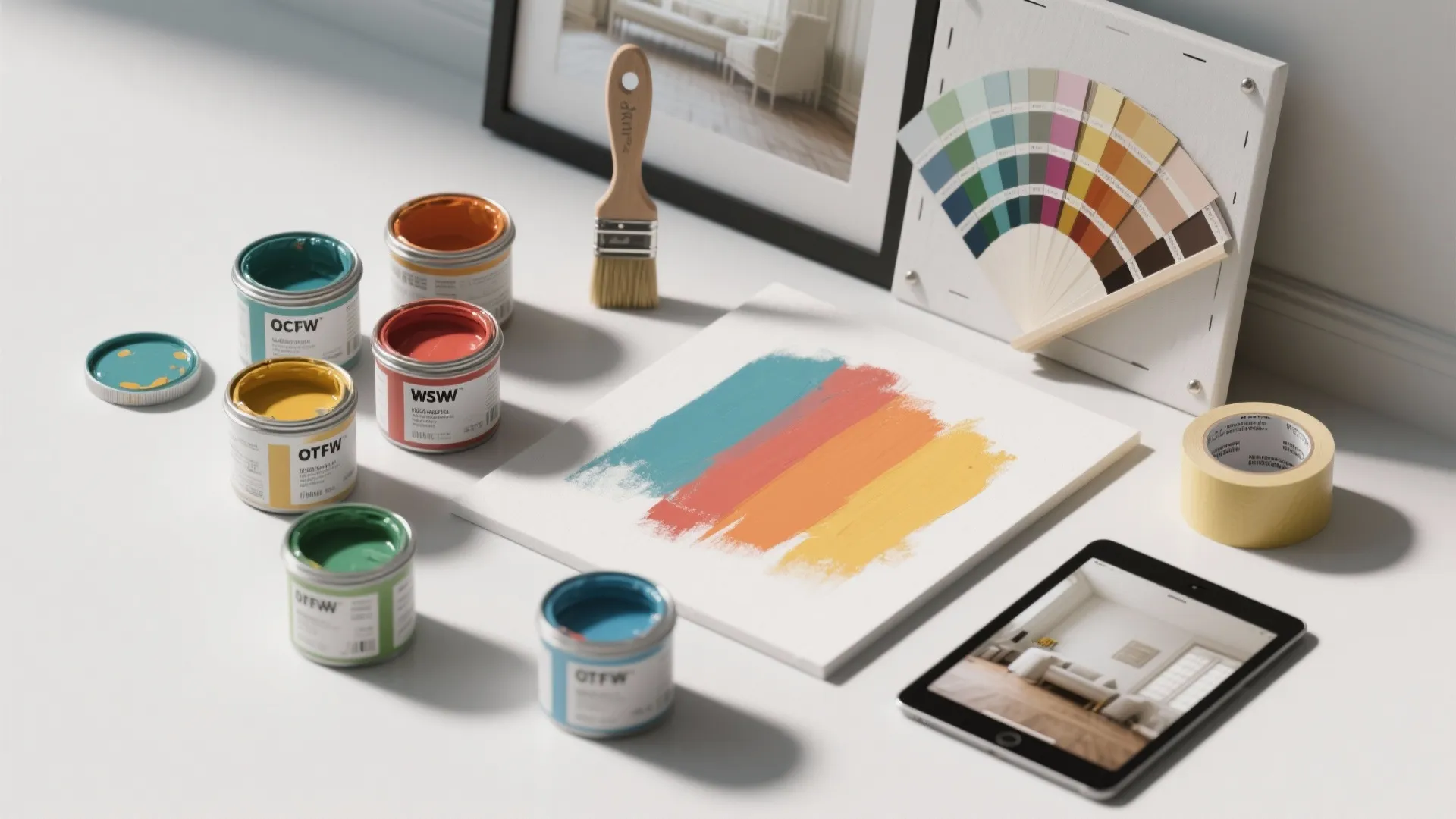 Flatlay of paint sample pots, color swatches, a 2x3 test patch, painter's tape and a tablet with a room mockup.