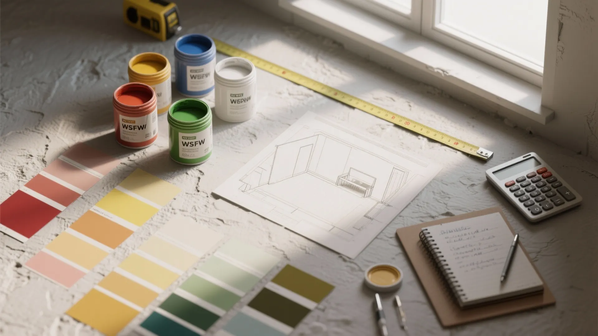 Interior design tools including paint cans, color swatches, notebook, tape measure, and room layout drawing