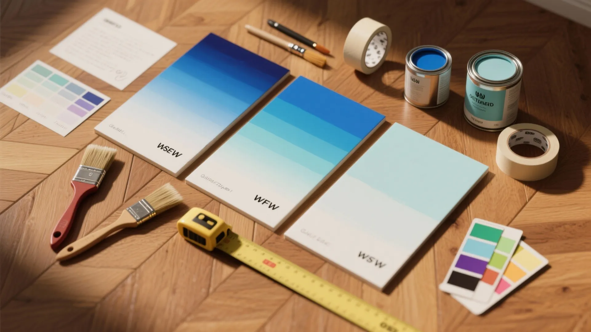 Blue color cards paint cans brushes and measuring tape on a wooden floor for home renovation