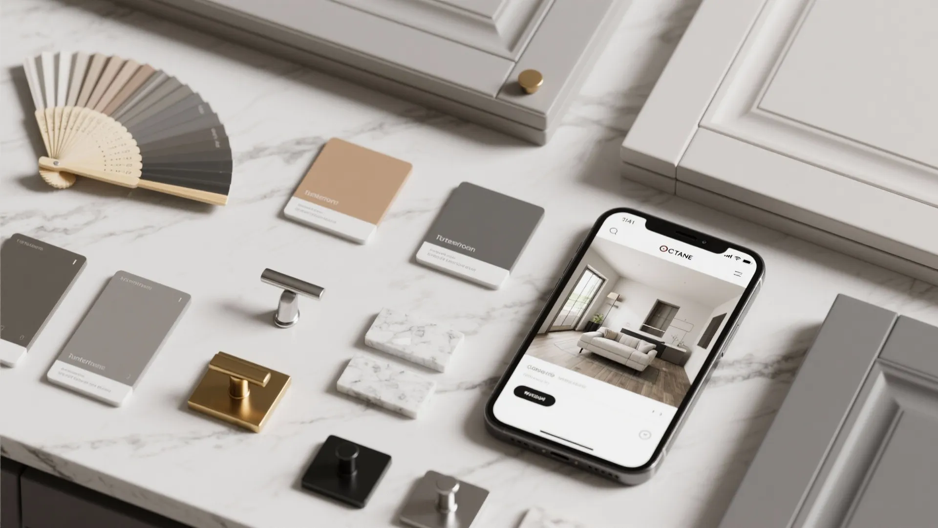 Interior design materials on marble table with color swatches door handles and mobile phone app